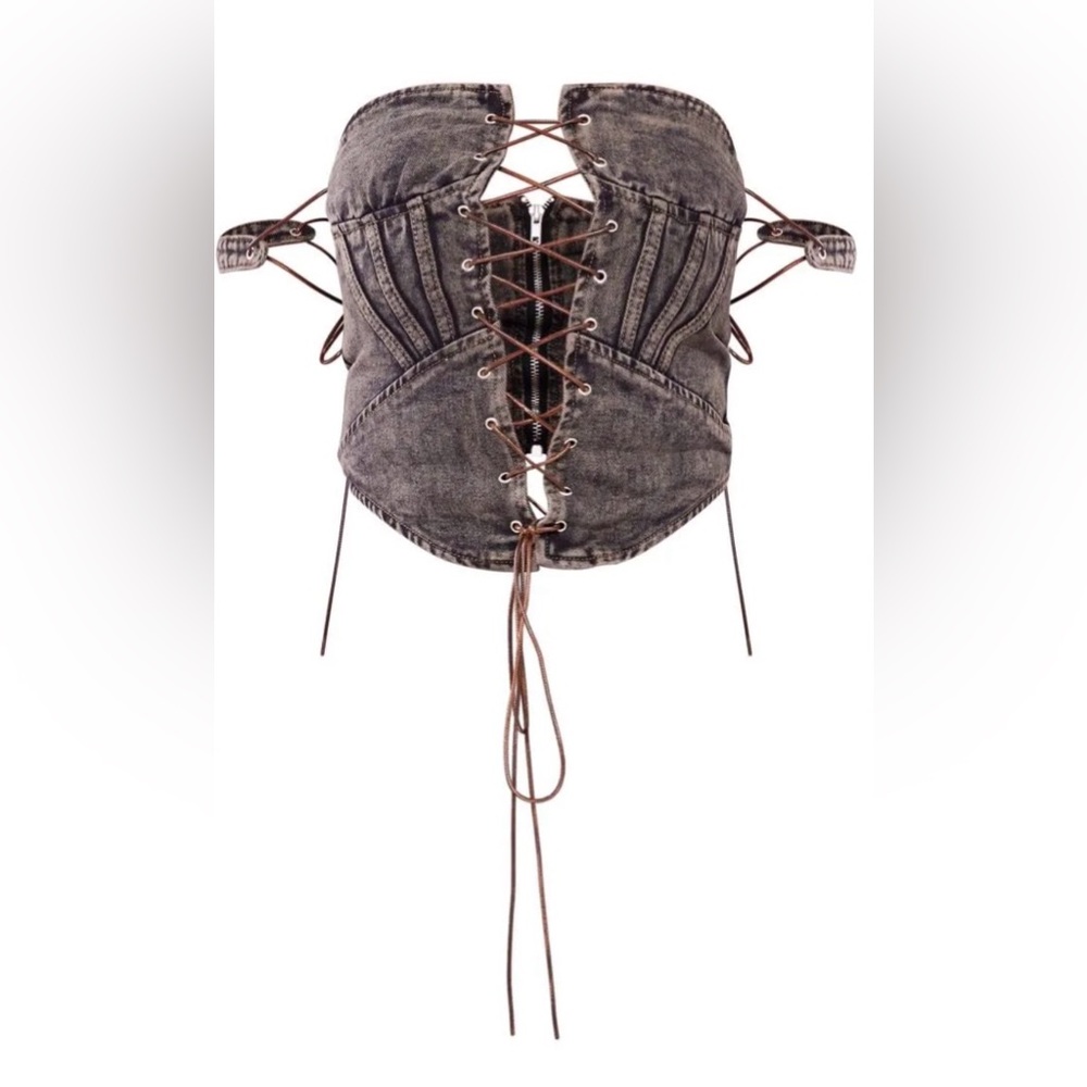 PrettyLittleThing Brown Denim Lace Up Front Corset